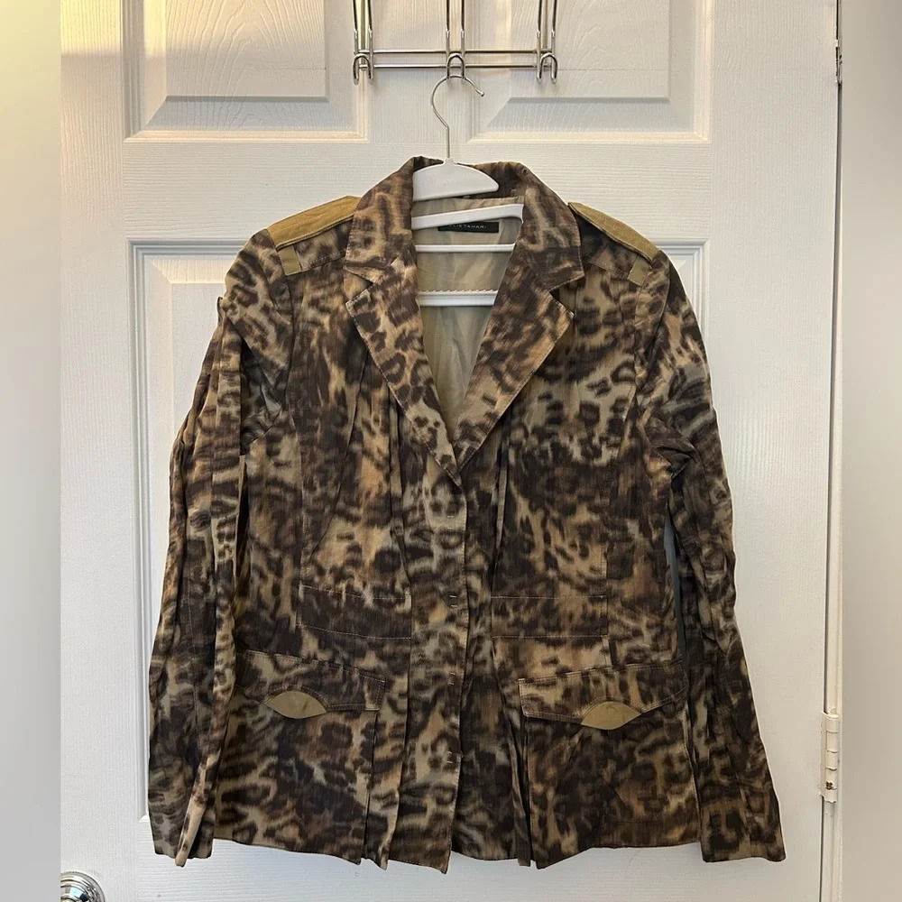 Elie Tahari Brown & Black Leopard Print Ribbon Trim Blazer Jacket SZ M